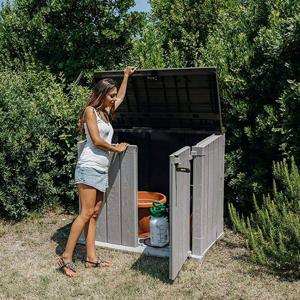Taupe Gray and Brown Lockable Plastic Storage Shed with Wheels