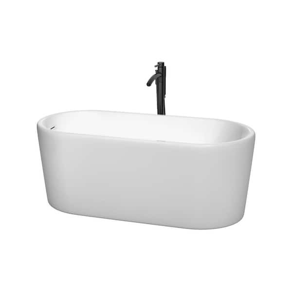 Wyndham Collection Ursula 59 in. Acrylic Flatbottom Bathtub in White with Shiny White Trim and Matte Black Faucet