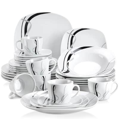 Fiona 30-Piece Casual Ivory White with Black Stripes Porcelain Dinnerware Set (Service for 6)