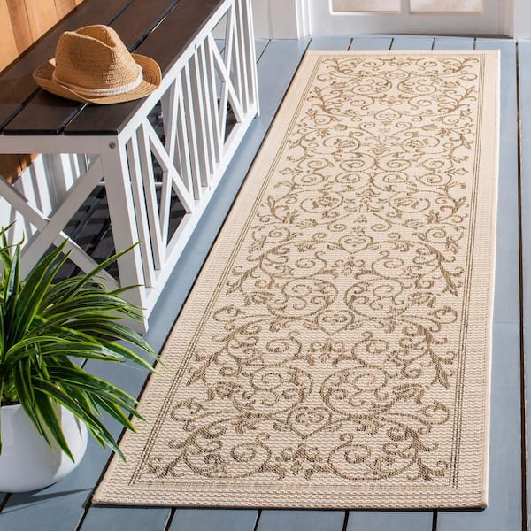 Courtyard Natural/Brown 2 ft. x 8 ft. Border Scroll Floral Indoor/Outdoor Runner Rug