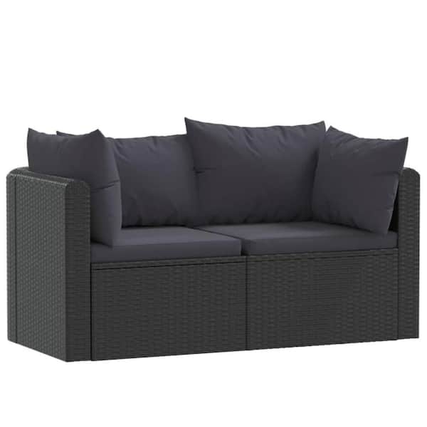 Benjara Black 2-Piece Steel and Poly Rattan Wicker Outdoor Loveseat with Black Cushions (Set of 2)