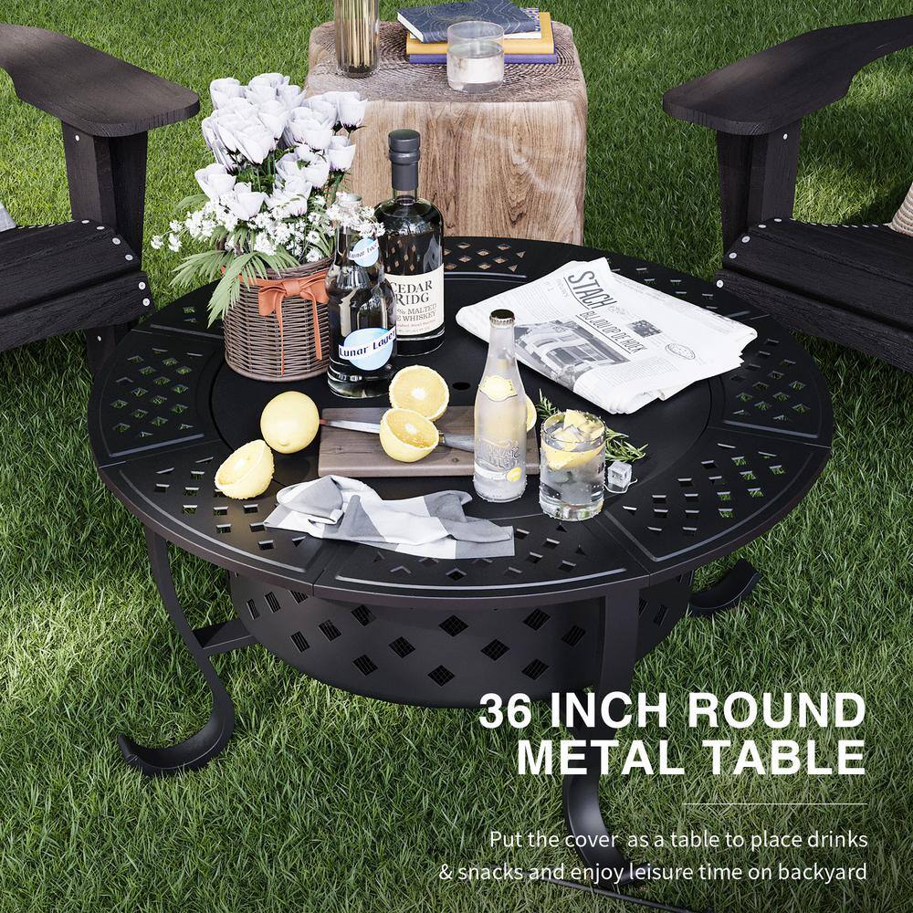 28" Black Round Wood Burning Fire Pit with Double Grill