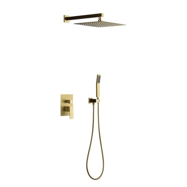 WELLFOR 1-Spray Square 16 in. Shower System Shower Head with Handheld in Brushed Gold (Valve Included)