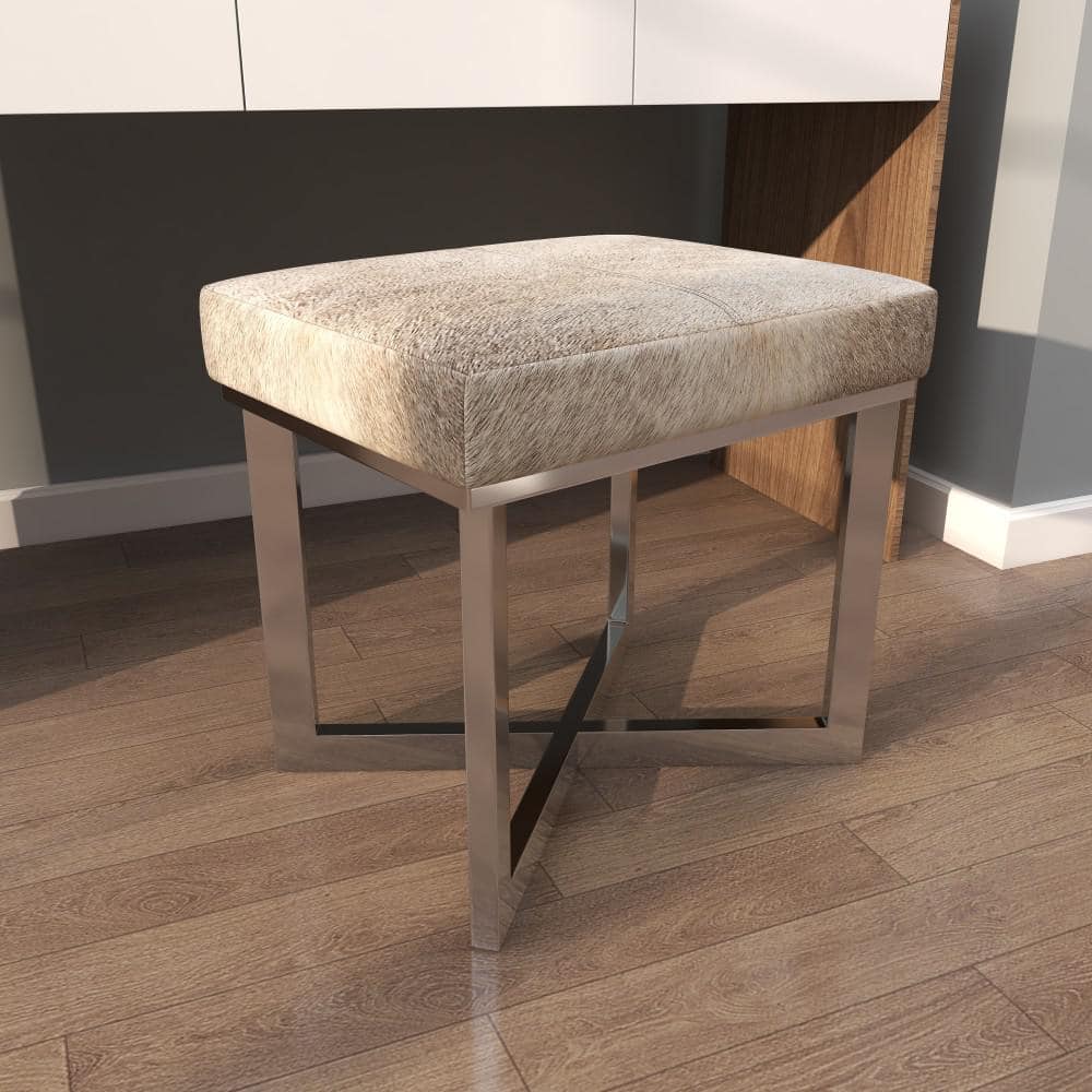 Silver Hair on Hide Upholstered Stool with Steel X-Base