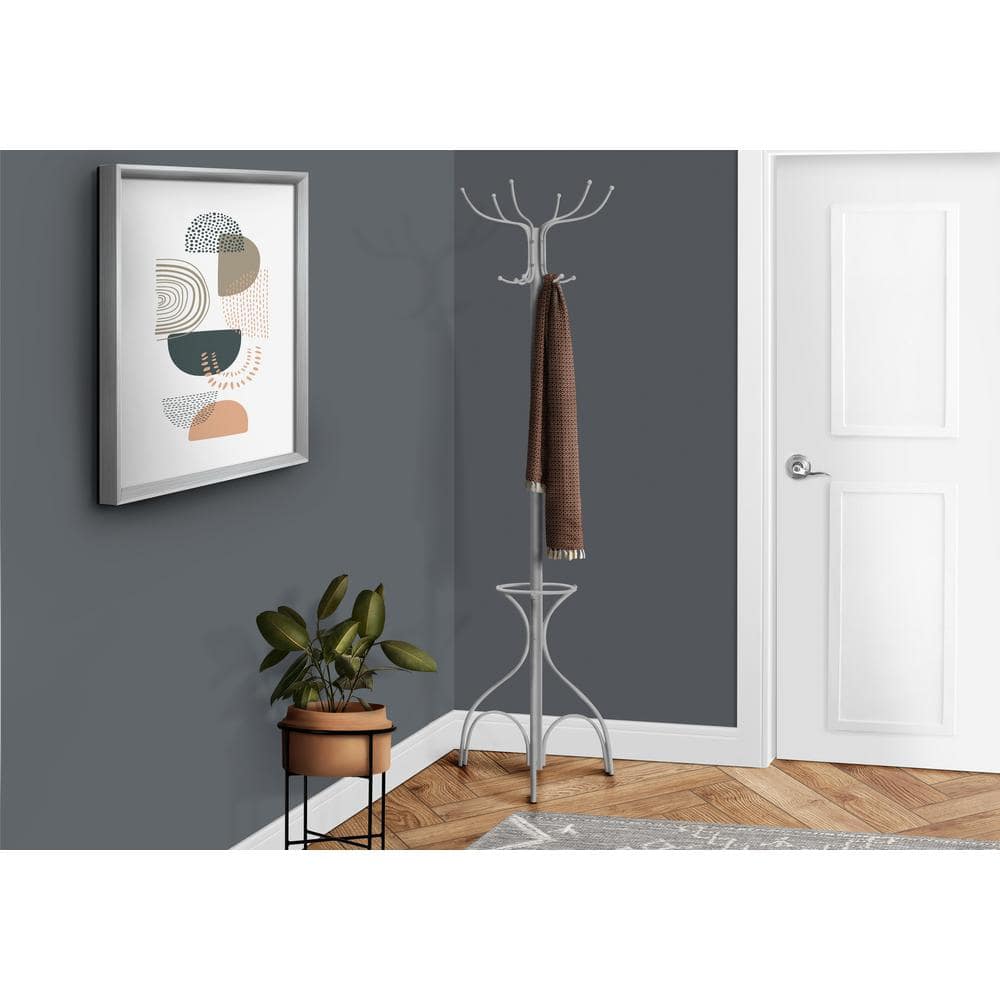 Silver Metal 70" Coat Rack with Umbrella Stand
