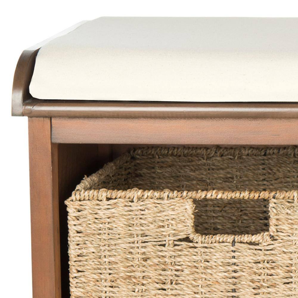 Transitional Pine and Wicker Storage Bench in Brown/White