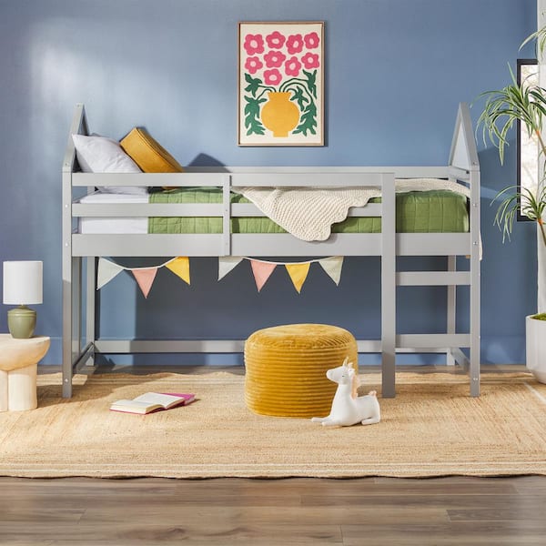 Walker Edison Furniture Company Contemporary Grey Solid Wood Twin Low Loft Bed with Ladder and Whiteboard