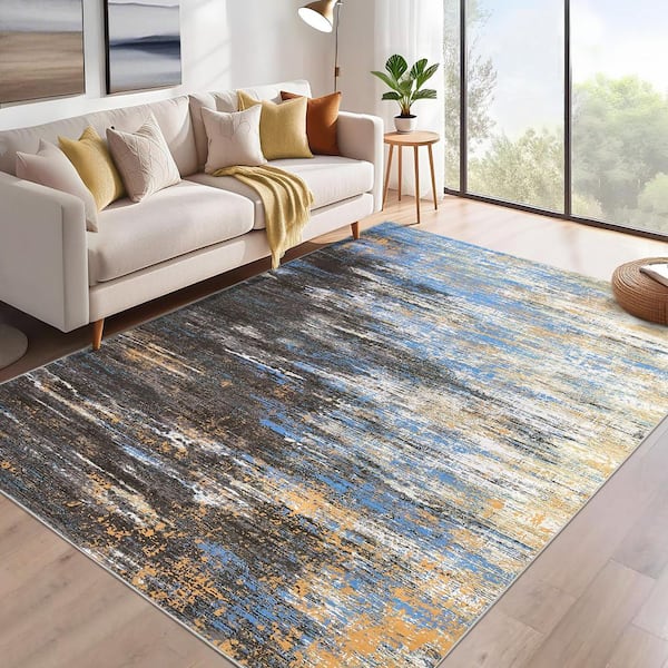 Blue Brown 8 ft. x 10 ft. Modern Abstract Soft Washable Polyester Area Rug