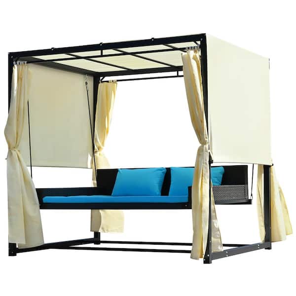 Boosicavelly 87 in. W Black Metal Wicker Porch Swing with Blue Cushions and Adjustable Curtains