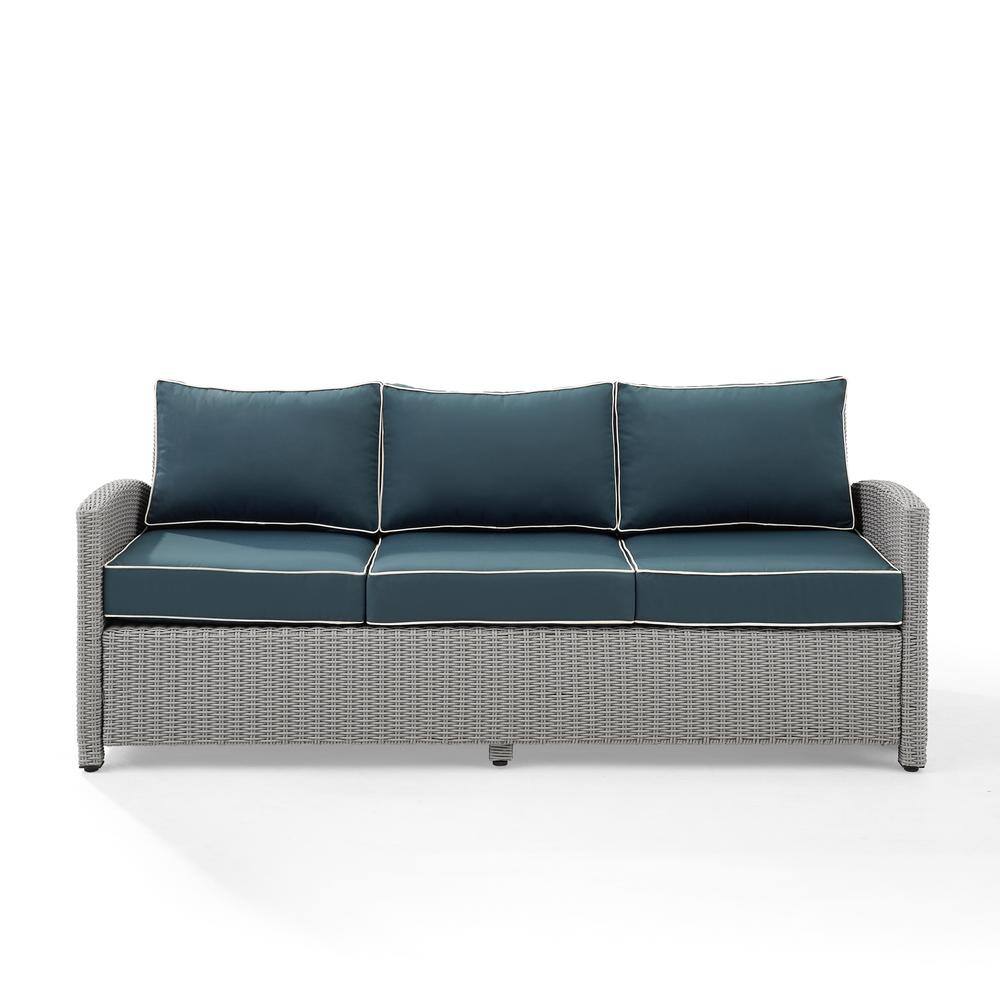 Bradenton Gray Wicker Outdoor Sofa with Navy Cushions