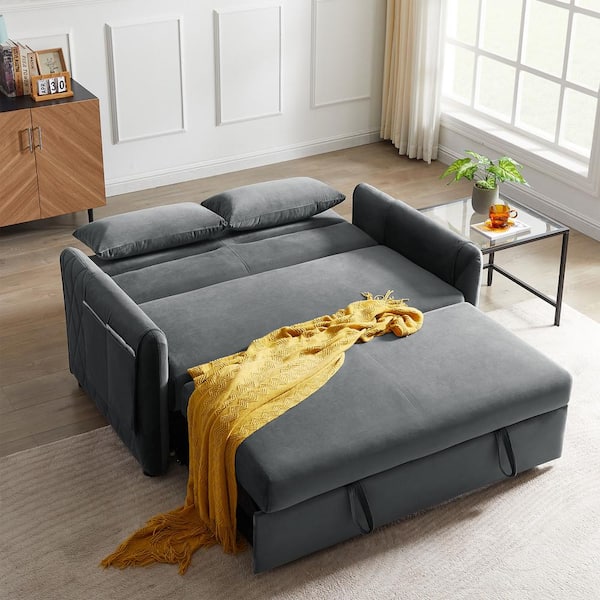 60 in. Gray Velvet Twin Size Sofa Bed with Adjustable Backrest