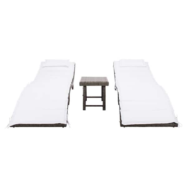 SAFAVIEH Carew Gray Brown 3-Pieces Wicker Outdoor Chaise Lounge Chair with White Cushion