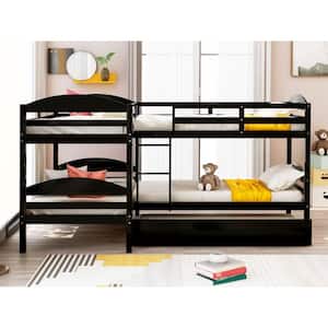 Espresso Twin Size L-Shaped Bunk Bed with Trundle, Converted Into 2 L-Shaped Bed, Built-In Ladder and Guardrail, Wood