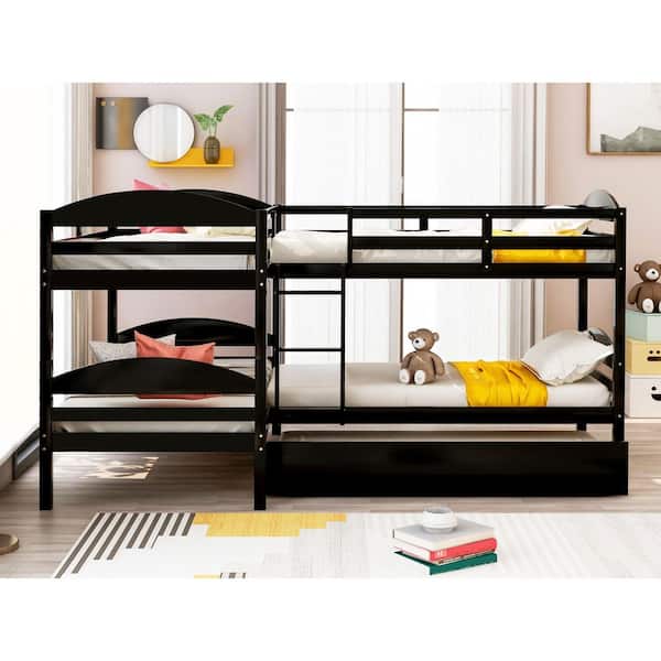 ANBAZAR Espresso Twin Size L-Shaped Bunk Bed with Trundle, Converted Into 2 L-Shaped Bed, Built-In Ladder and Guardrail, Wood