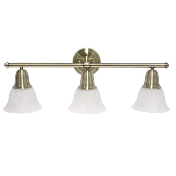 Simple Designs 26.5 in. 3-Light Antique Brass Straight Metal Bar and Frosted Marble White Glass Shades Decorative Vanity Light