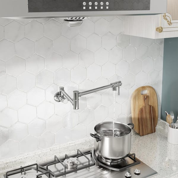 1.8 GPM Wall Mounted Mount Pot Filler Kitchen Faucetn with Folding Stretchable Double Joint Swing Arms in Chrome Plated