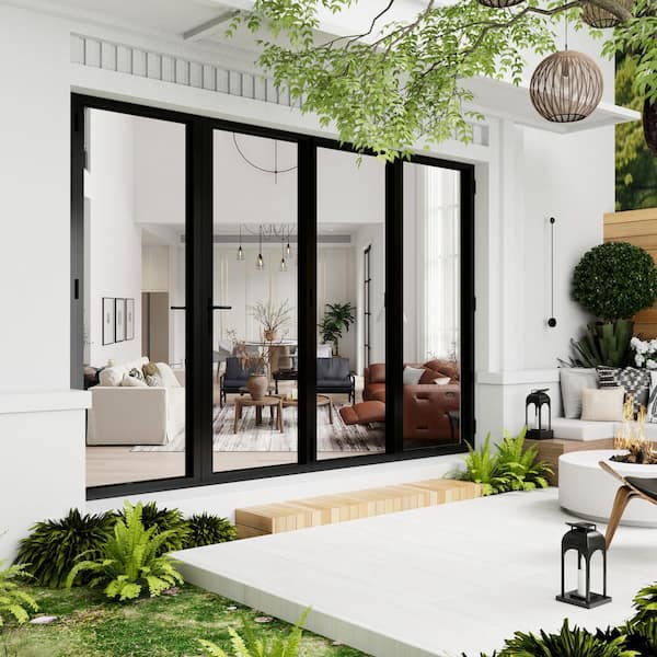 156 in. x 80 in. Right Swing/Outswing Double Tempered Glass Black Aluminum Folding Patio Door