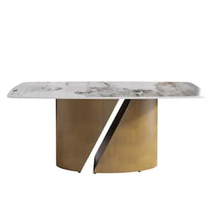 71 in. Rectangle Round Edge Sintered Stone Top Pedestal Pandora Bronze Metal Base Dining Table (Seats 8)