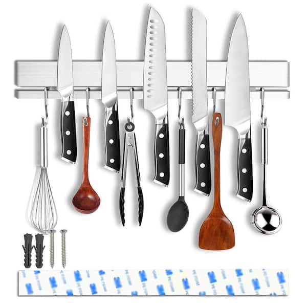 10-Knife 17 in. Stainless Steel Strong Magnetic Knife Holder, Knife Bar with 12 Hooks and Adhesive for Kitchen Utensils