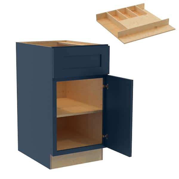 Home Decorators Collection Newport 18 in. W x 24 in. D x 34.5 in. H Assembled Plywood Base Kitchen Cabinet in Mythic Blue with Cutlery Soft Cls RH