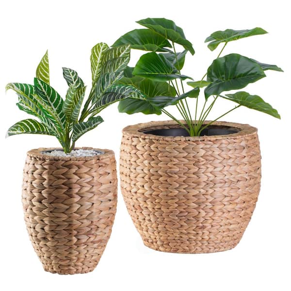 Vintiquewise Set of 2 Water Hyacinth Round Floor Planter with Metal Pot