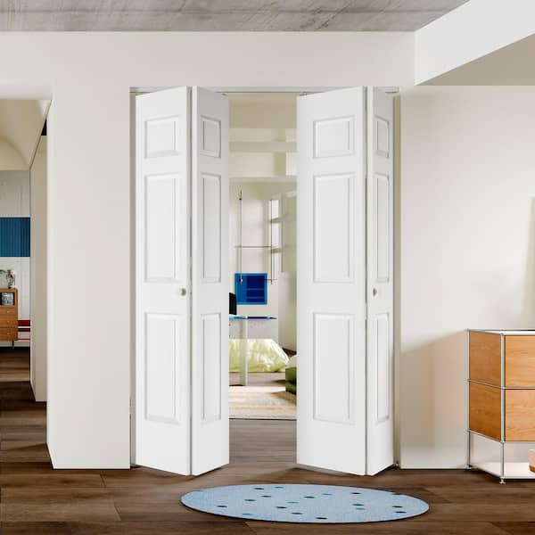 60 in. x 80 in. 6-Panel Textured MDF White Hollow Core Composite DIY Painted Bi-Fold Door with Hardware Kits