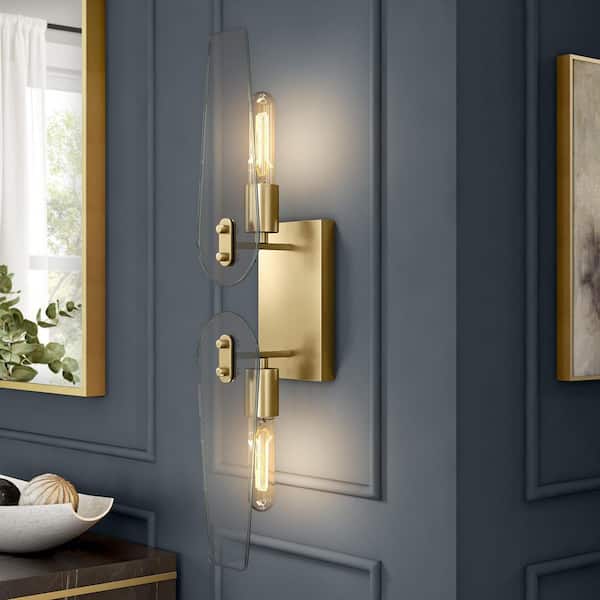 Bergen Beach 4.5 in. 2-Light Brushed Gold Mid-century Wall Sconce with Clear Glass Shades