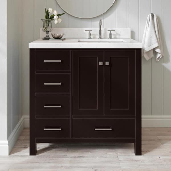 ARIEL Cambridge 36 in. W x 22 in. D x 36 in. H Single Rectangle Sink Bath Vanity in Espresso with Carrara White Quartz Top