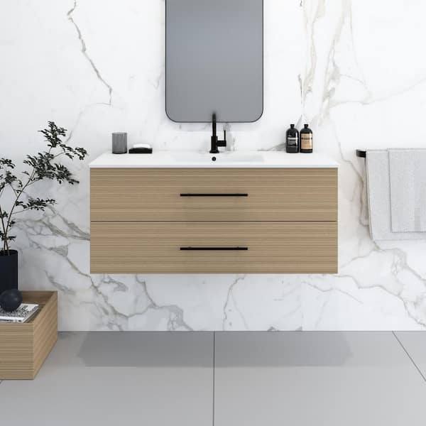 VOLPA USA AMERICAN CRAFTED VANITIES Napa 48 in. W x 18 in. D Single Sink Bathroom Vanity Wall Mounted In Sand Pine with Ceramic Integrated Countertop