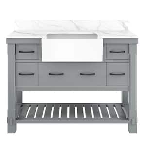 48 in. W x 21 in. D x 35 in. H Single Sink Freestanding Bath Vanity in Gray with White Quartz Top [Free Faucet]