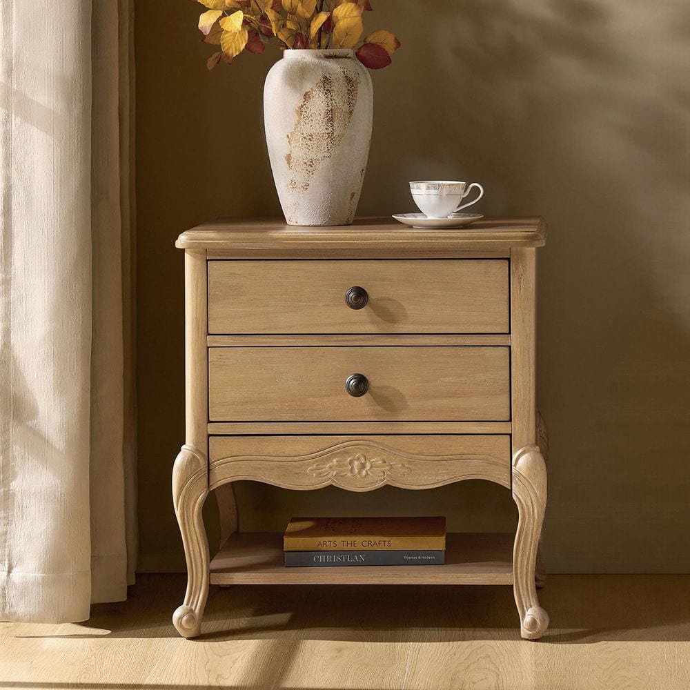 Nancy Natural 18.25 in. W Traditional 3-Drawer Nightstand with Solid Wood Legs and Built-in Power Outlet
