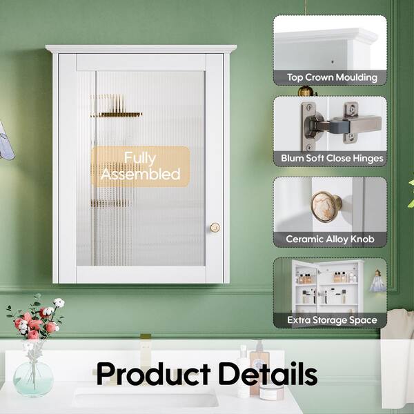 ANGELES HOME 24 in. W x 30 in. H Medium Rectangular White Solid Wood Frame Surface Mount Soft Close Medicine Cabinet with Mirror