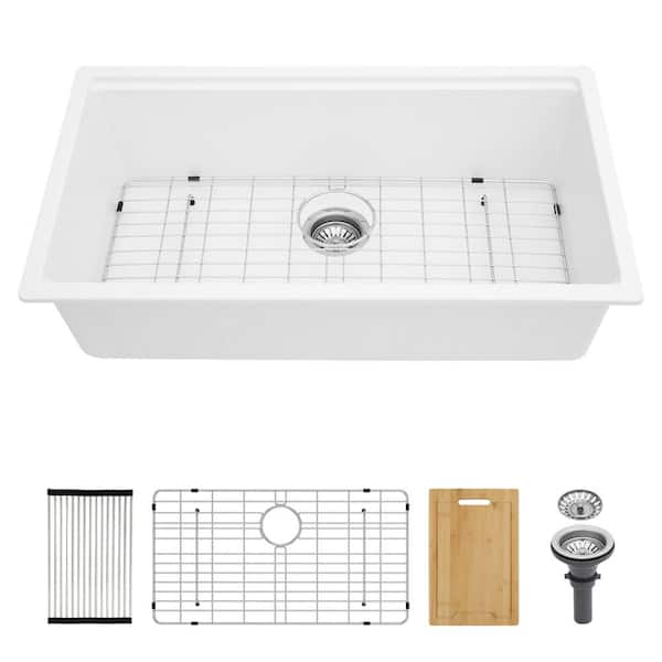 Sarlai 33 in. Undermount Deep Single Bowl White Granite Composite Workstation Quartz Kitchen Sink Round Corner with Bottom Grid