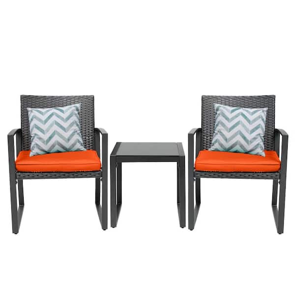 Pyramid Home Decor Lunar Outdoor 3-Piece Bistro Set Black Wicker Furniture-2 Chairs with Glass Coffee Table-Orange