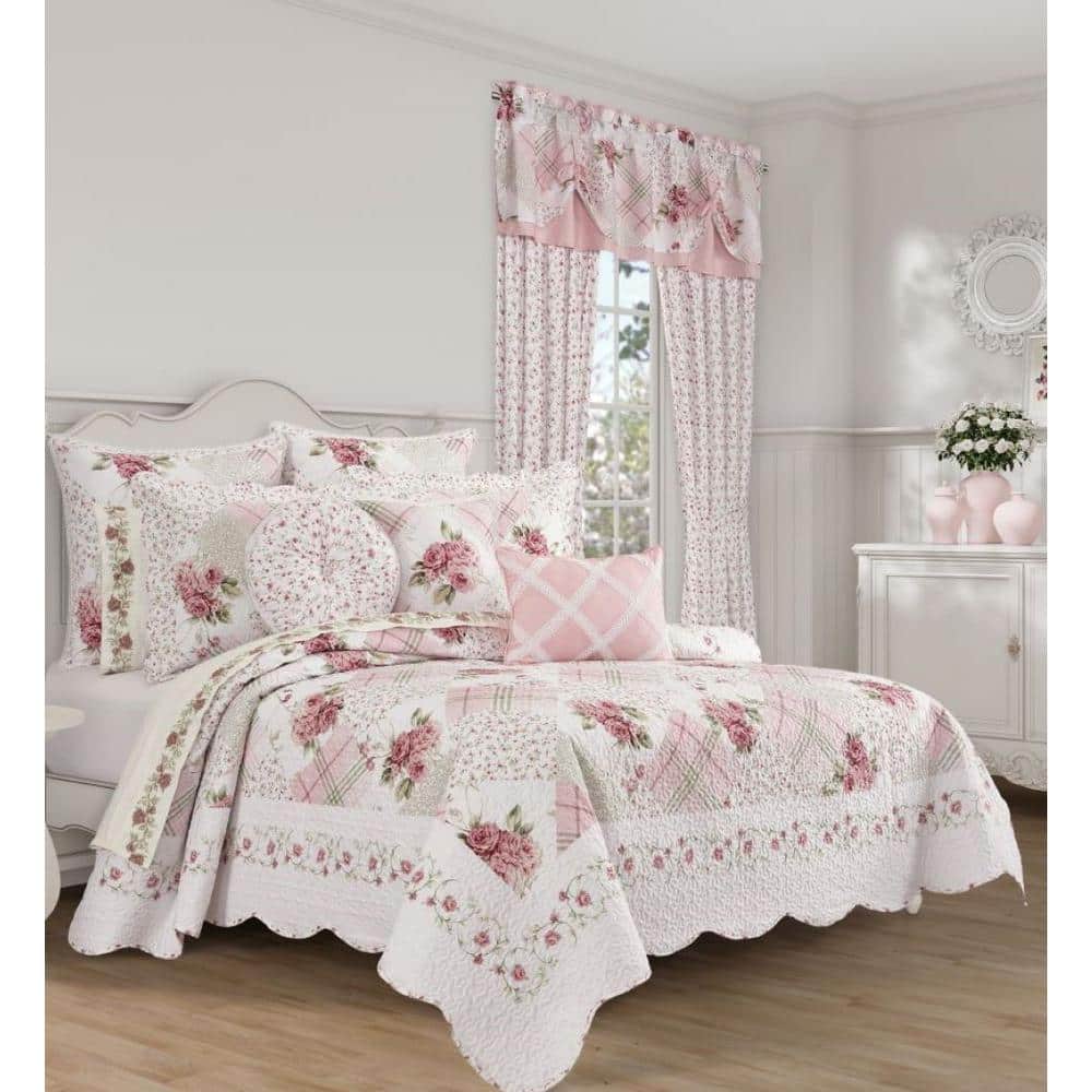 Twin Rose Reversible Cotton Quilt Set with Scallop Embellishment