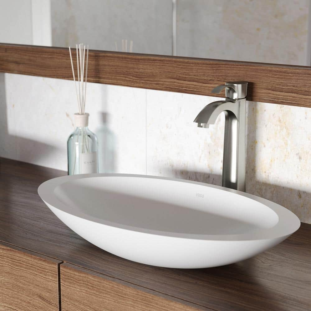 VIGO Wisteria Modern White Matte Stone 23 in. L x 14 in. W x 4 in. H Oval Vessel Bathroom Sink