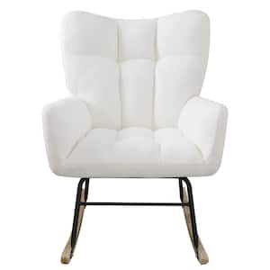 Teddy Fabric Wood Outdoor Rocking Chair Modern Rocking Accent Chair with High Backrest and White Cushion