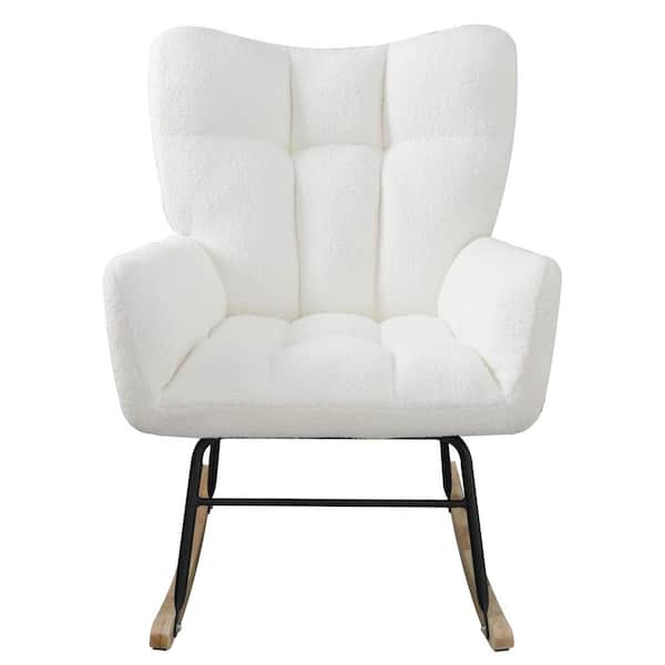 Zeus & Ruta Teddy Fabric Wood Outdoor Rocking Chair Modern Rocking Accent Chair with High Backrest and White Cushion