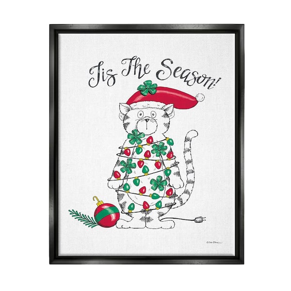 Stupell Industries Tis The Season Cat by Deb Strain 1-Piece Floater Frame Graphic Print Animal Poster Art Print 31 in. x 25 in.