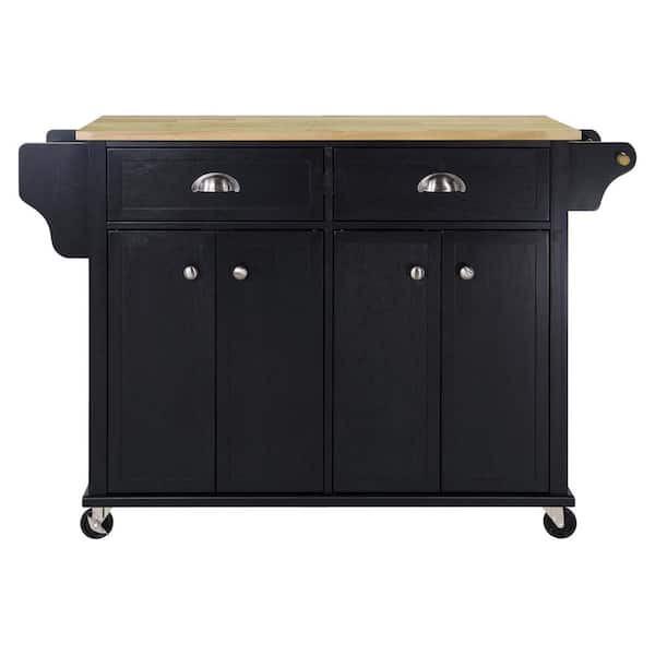 Black Wood 52 in.. Kitchen Island with Storage Shelves, Rubber Wood Top ...