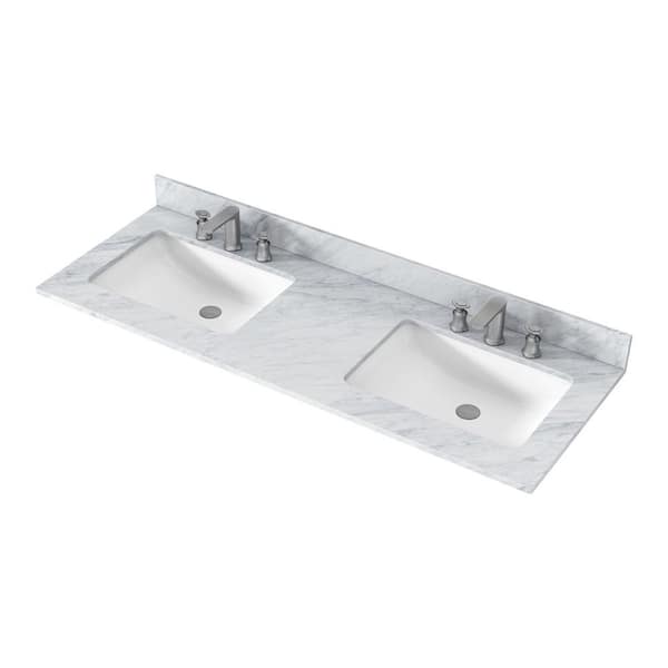VANITYFUS 61 in. W x 22 in. D Natural Marble White Rectangular Double Sinks and Backsplash Bathroom Vanity Top in Carrara White