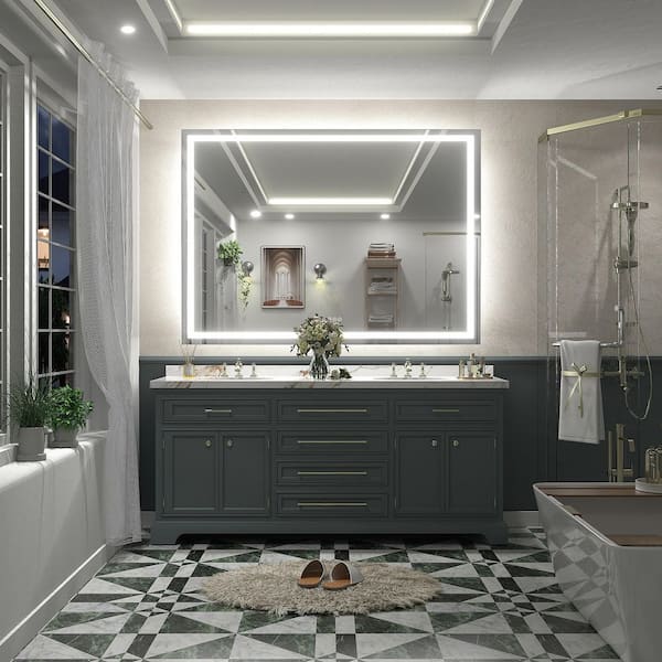 55 in. W x 40 in. H Rectangular Frameless Front and Back LED Lighted Anti-Fog Tempered Glass Wall Bathroom Vanity Mirror