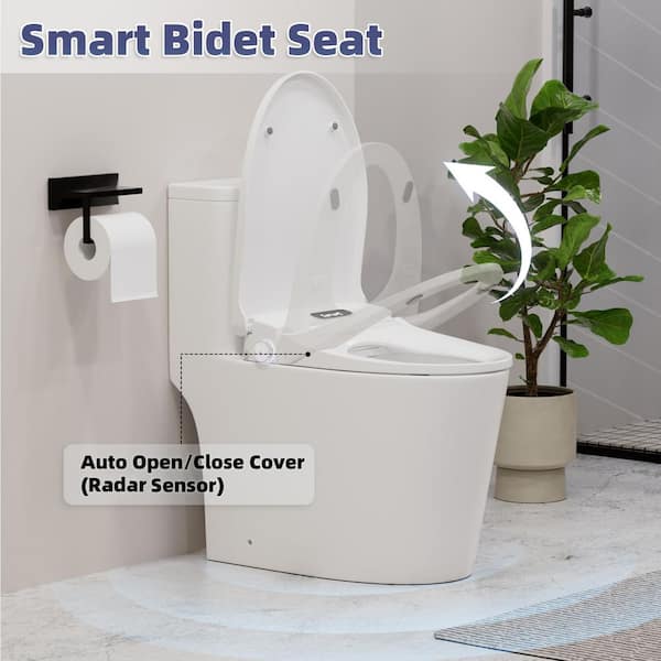 Electric Bidet Seat for Elongated Toilets in White with Auto Open/Close Cover, LED Display and Remote Control