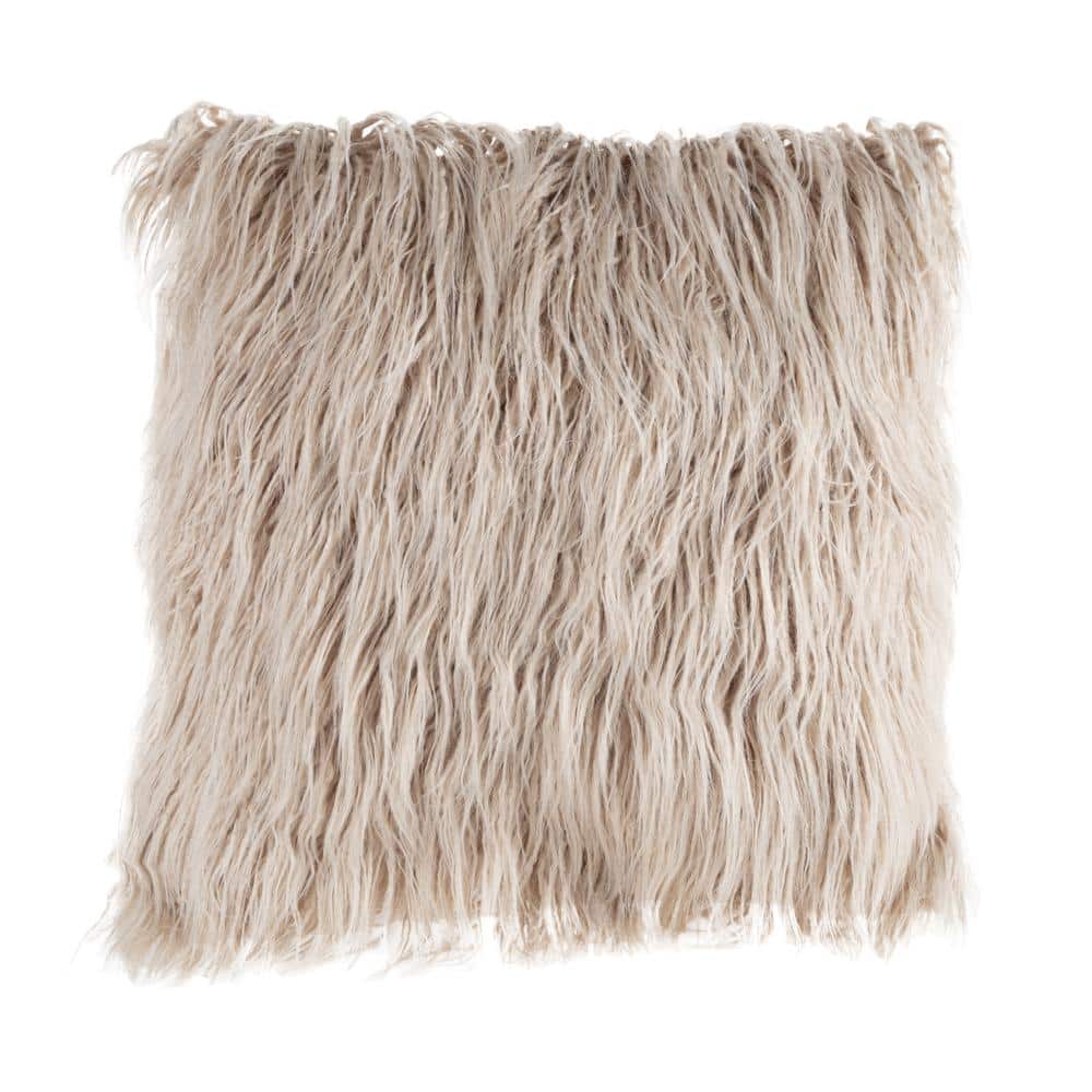 Coffee 18 in. W x 18 in. L Faux Mongolian Fur Decorative Throw Pillow