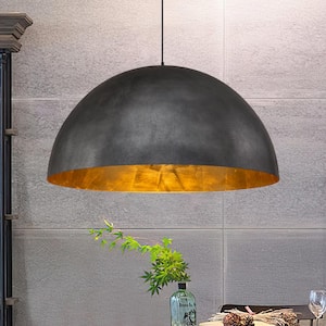PCover 23 in.W 1-Light Rough Textured Black Farmhouse Dome Kitchen Island Pendant Light with Antique Gold Leaf Interior