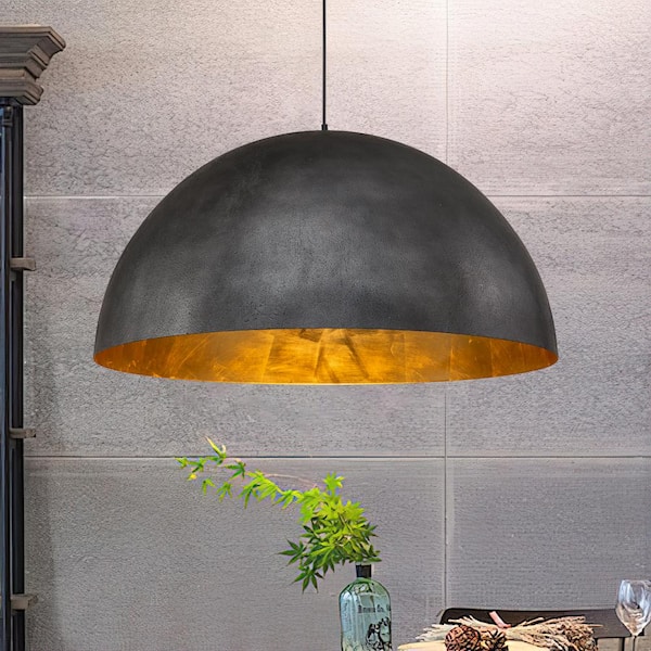 HUOKU PCover 23 in.W 1-Light Rough Textured Black Farmhouse Dome Kitchen Island Pendant Light with Antique Gold Leaf Interior