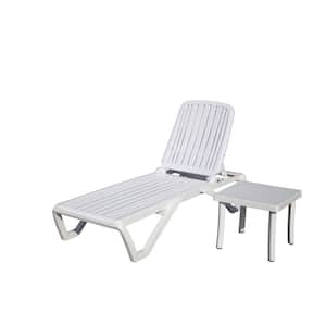 2-Piece Outdoor Pool Plastic Adjustable Recliner with Table for in-Pool, Beach, Poolside, Lawn, White