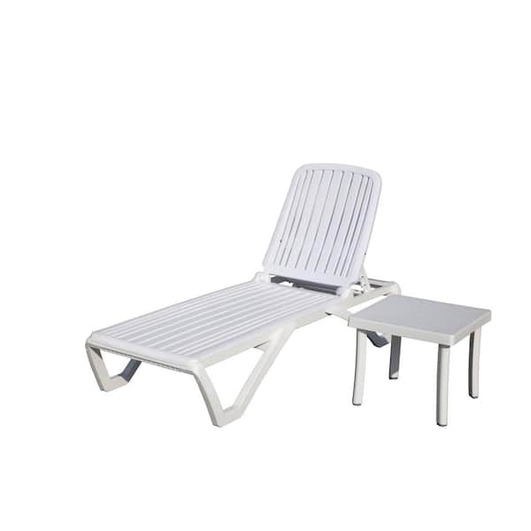 Unbranded 2-Piece Outdoor Pool Plastic Adjustable Recliner with Table for in-Pool, Beach, Poolside, Lawn, White