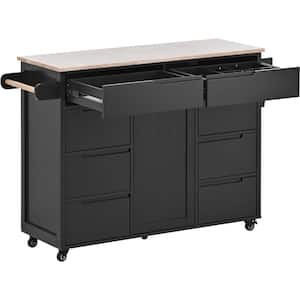 Black Rubber wood 53.1 in. Kitchen Island with 8 Drawers, a Flatware Organizer and 5 Wheels