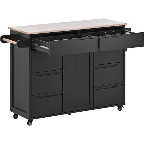 Unbranded Black Rubber wood 53.1 in. Kitchen Island with 8 Drawers, a Flatware Organizer and 5 Wheels